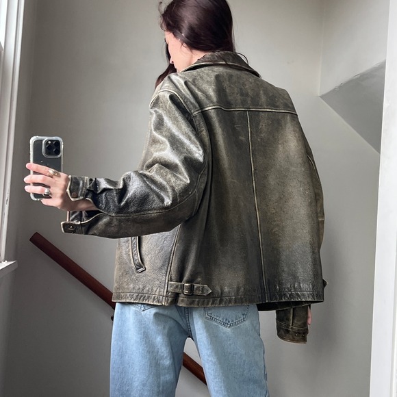 Vintage Worn Leather Bomber Jacket Brown Faded Distressed Oversized Biker Coat - Picture 4 of 9